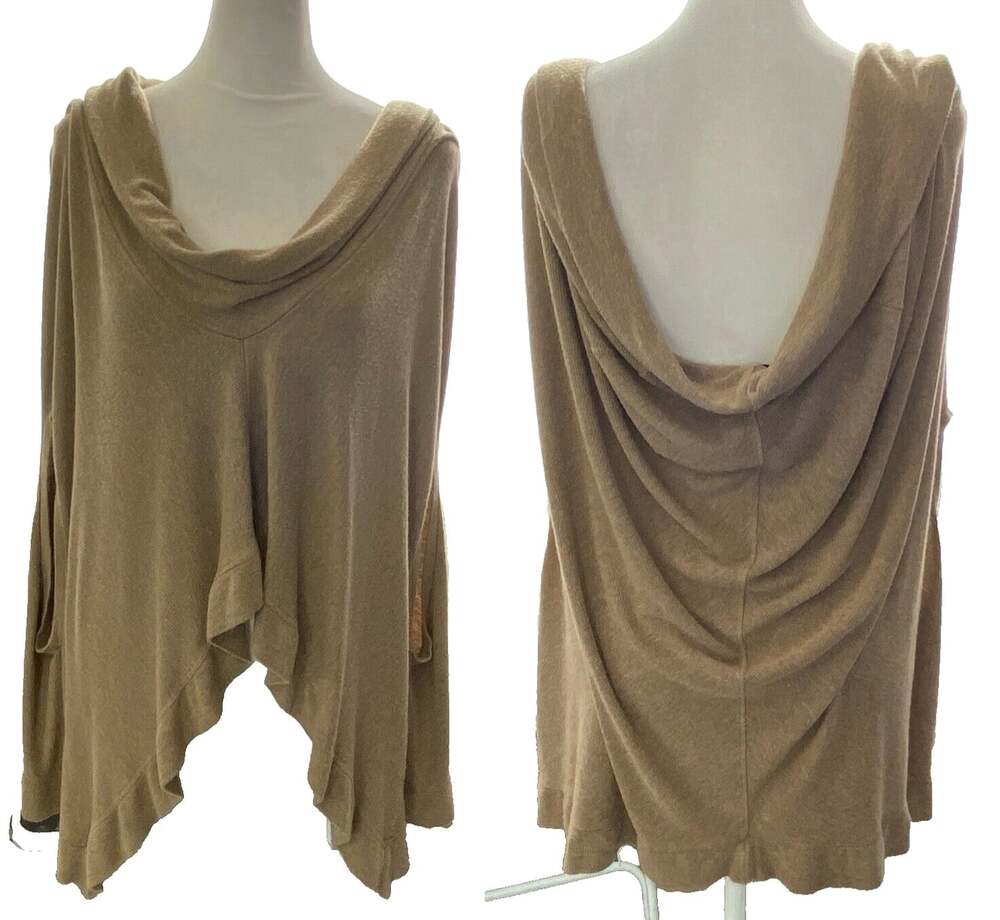 HEATHER Women Poncho Cowl Neck Sweater Asymmetric Hem Sz L Brown Casual 3-46